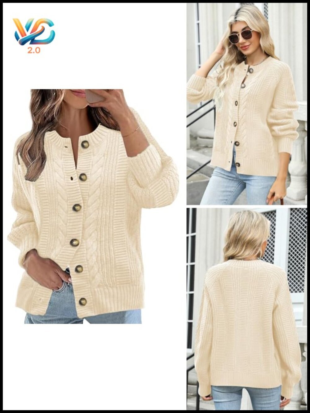 Cable Knit Open Front Cardigan Sweater Long Sleeve Button